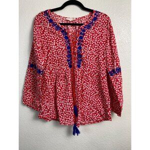 Solitaire Vibrant Red Blouse with Blue Floral Details
